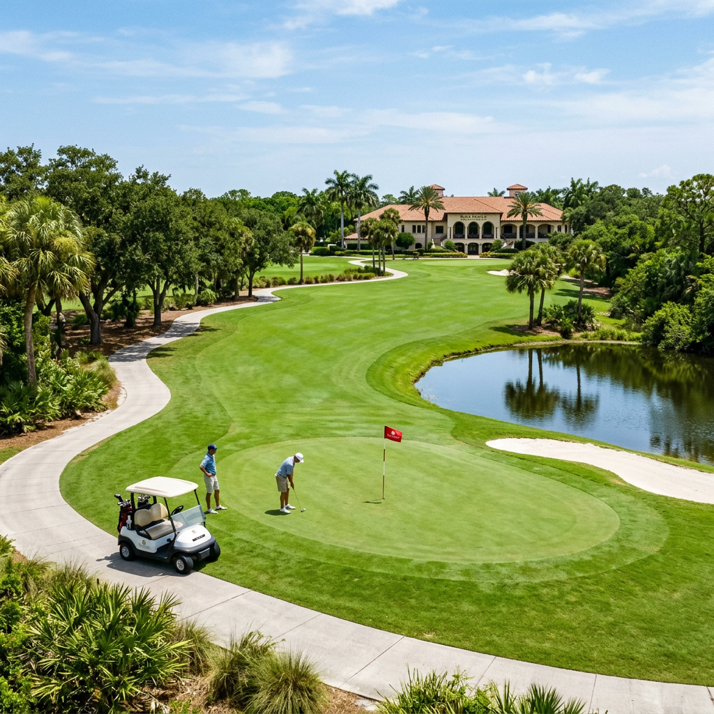 Two golfers on a putting green with a golf cart nearby and clubhouse in background