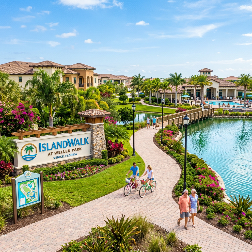 Pathway with people biking and walking by water and community sign for IslandWalk at Wellen Park in Venice Florida