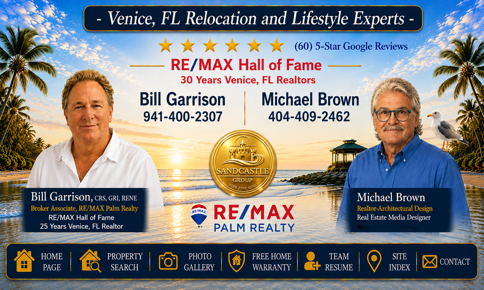 Bill Garrison and Michael Brown, Venice Florida relocation and lifestyle experts with RE/MAX Palm Realty and the Sandcastle Group